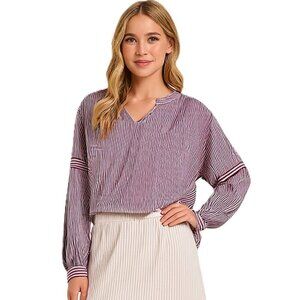 Crown & Ivy Women's 100% Cotton, Burgundy, White Striped Pullover Blouse Size 1X